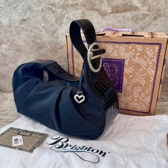 NWT Brighton Jett Black Nylon and Leather Hobo Bag with silver Heart charm